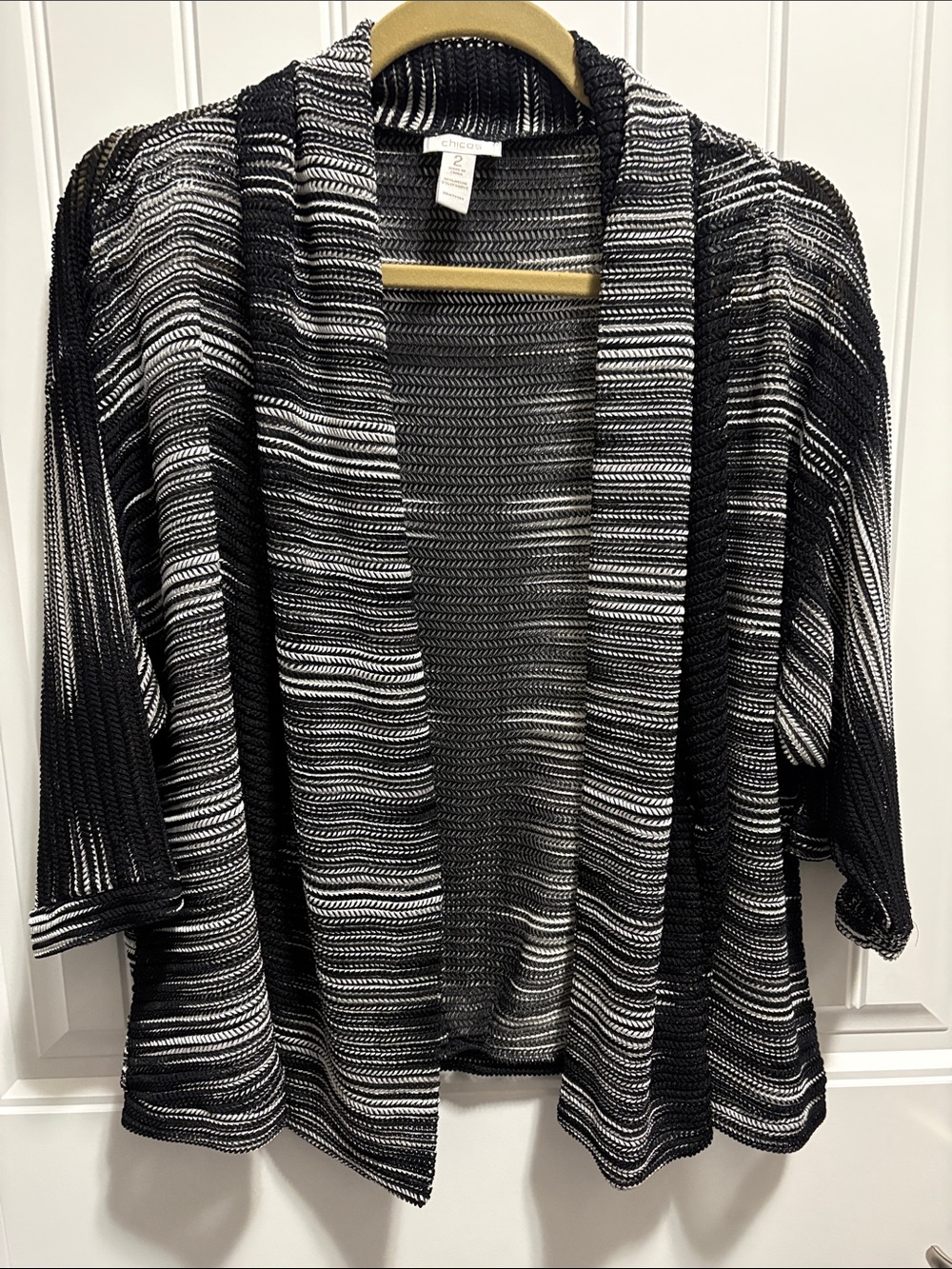 Chico’s Size 2 Black White Open Knit Cardigan 3/4 Sleeve